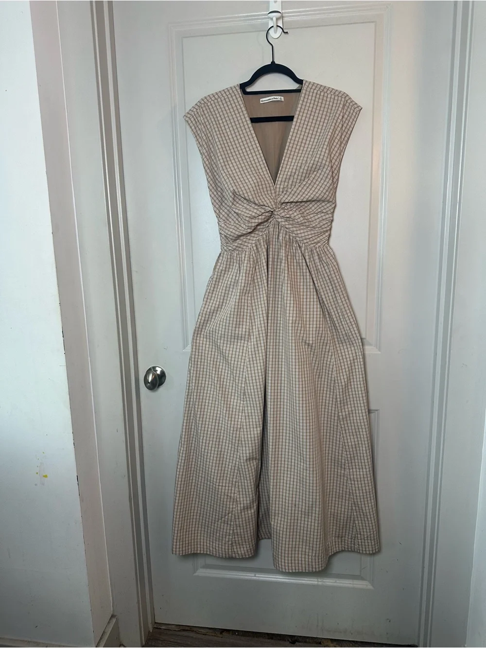 Abercrombie & Fitch Twist Bodice Plaid Brown & Ivory Maxi Cotton Dress, Small